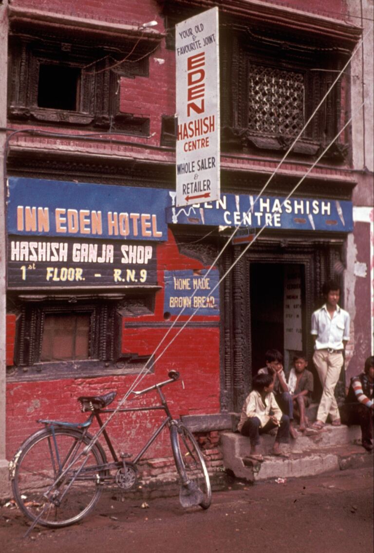 A legal hashish shop in Kathmandu in 1973 during the hippie trail era