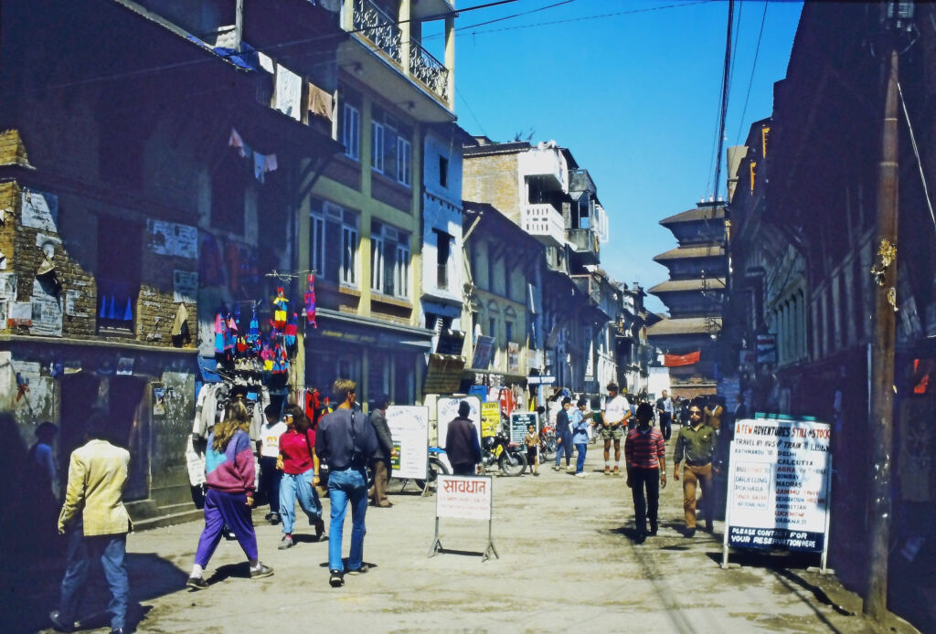 Thamel neighbourhood in Kathmandu in 1988, the year The Night Train to Kathmandu premiered