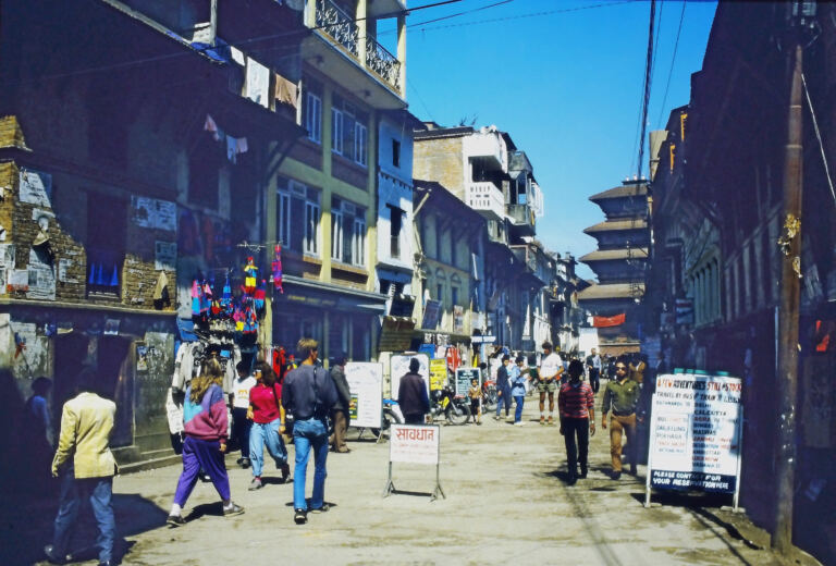 Thamel neighbourhood in Kathmandu in 1988, the year The Night Train to Kathmandu premiered