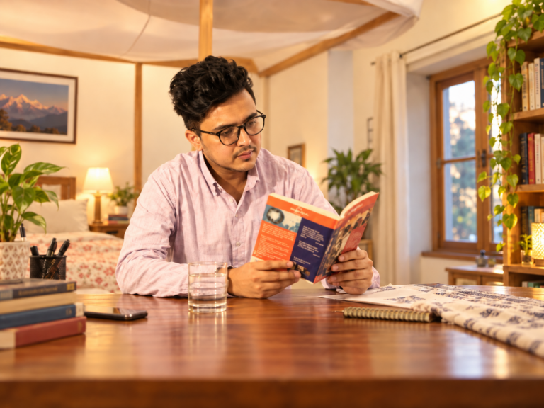 Victor Poudel reading a book in a warm indoor setting