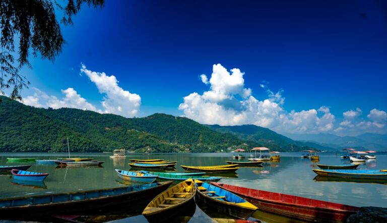 Boats on Phewa Lake in Pokhara, Nepal