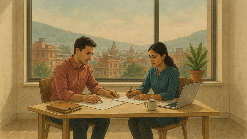 Editorial illustration of two business collaborators reviewing plans in a Kathmandu workspace.