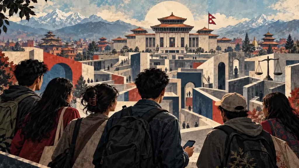 Conceptual illustration of Nepali young adults facing a maze of institutions and a civic building