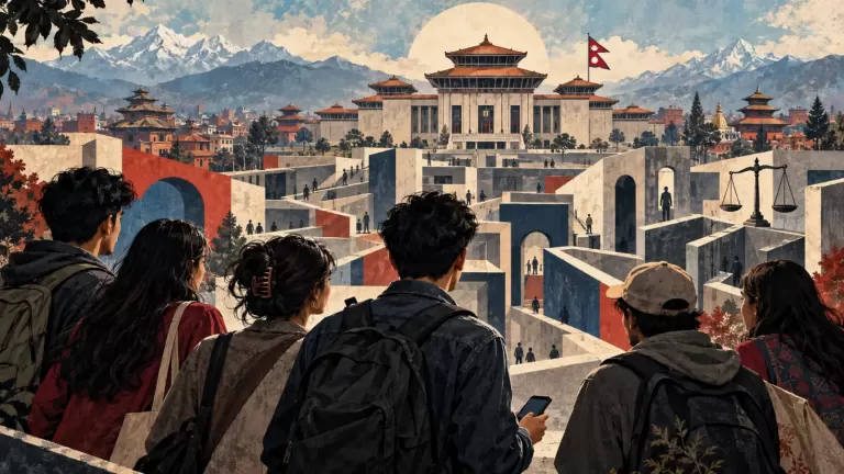 Conceptual illustration of Nepali young adults facing a maze of institutions and a civic building