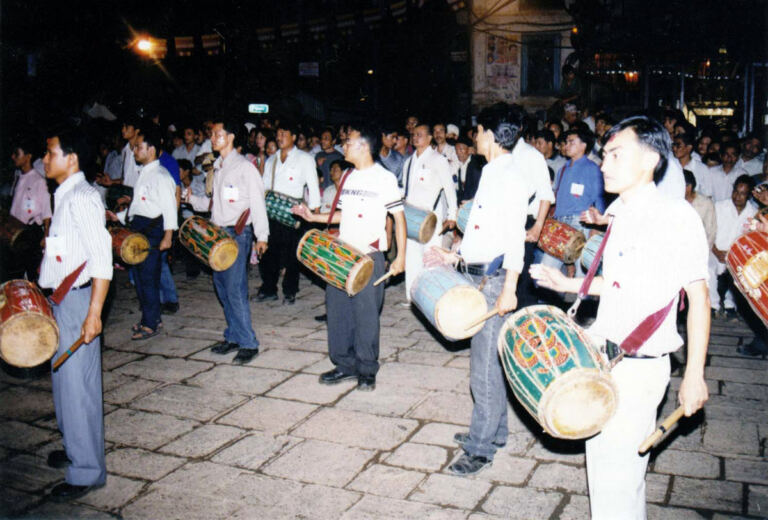 Gunla Bajan musicians performing in Asan, Kathmandu