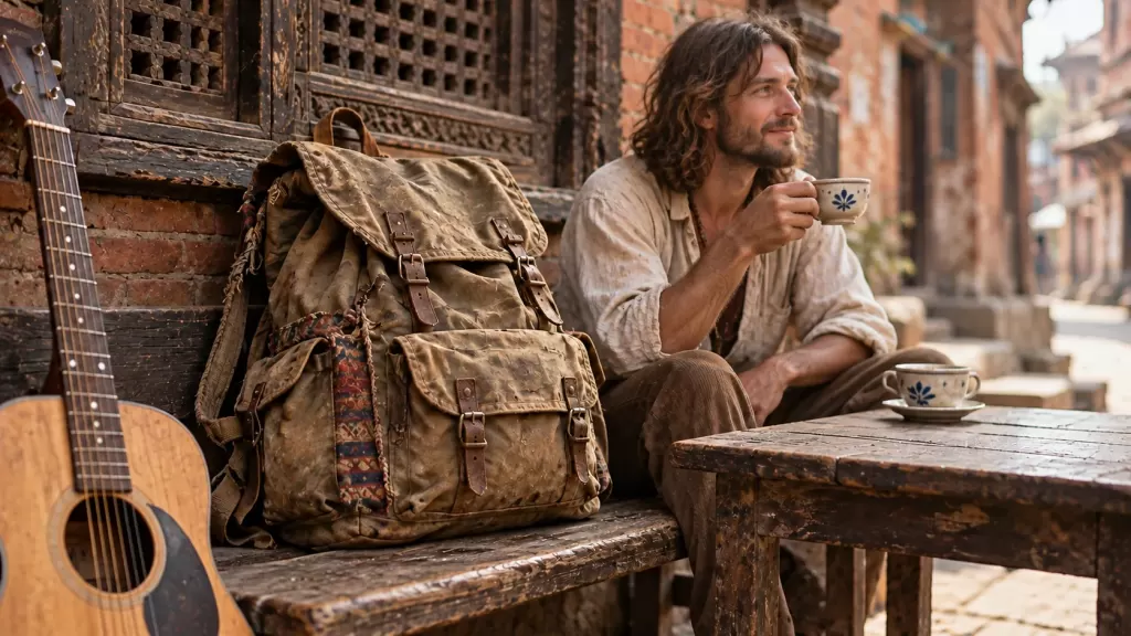 Illustration of a traveler drinking tea beside a canvas rucksack and guitar in an old Kathmandu setting