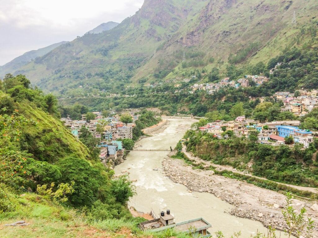 Mountain valley and river in Nepal during the monsoon season
