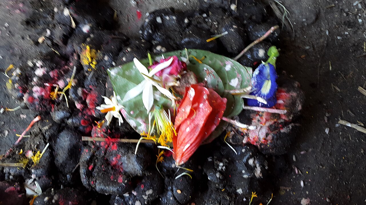 Flower offerings during a traditional Govardhan Puja ritual in Nepal