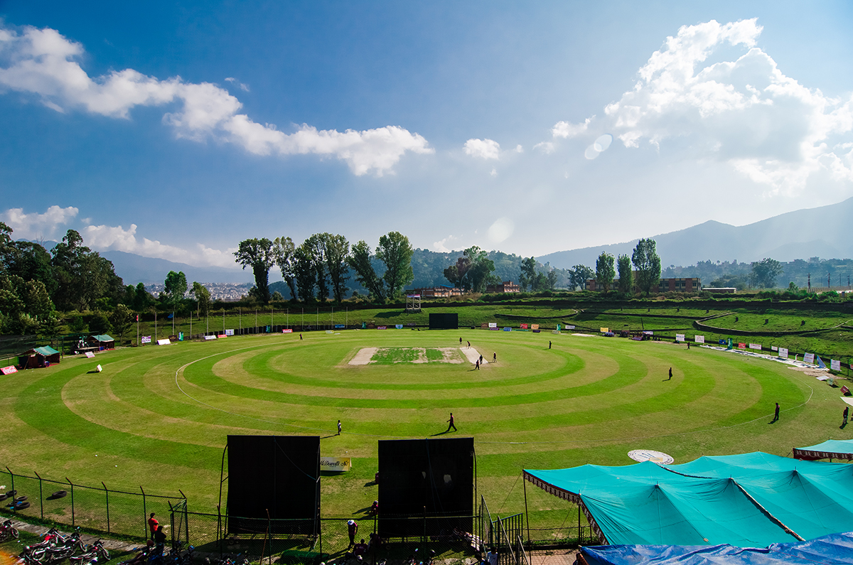Tribhuvan University cricket stadium in Kirtipur, Nepal, seen from the stands