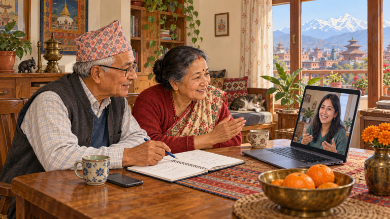 Illustration of older Nepali parents reviewing a notebook while speaking with their adult daughter by video call.