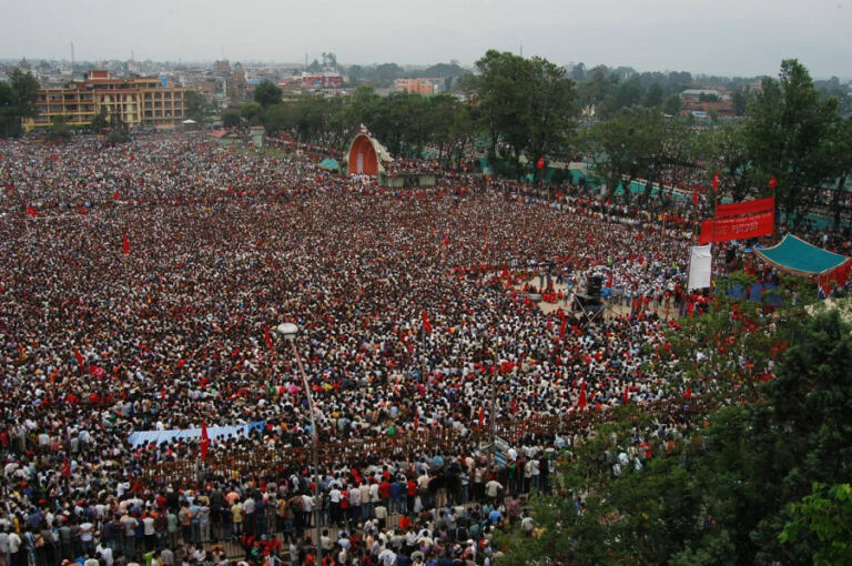 People gathering at Khula Manch in Kathmandu during the 1990 democratic movement