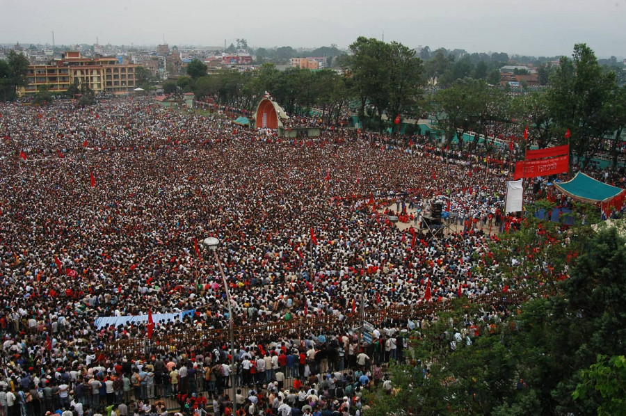 People gathering at Khula Manch in Kathmandu during the 1990 democratic movement