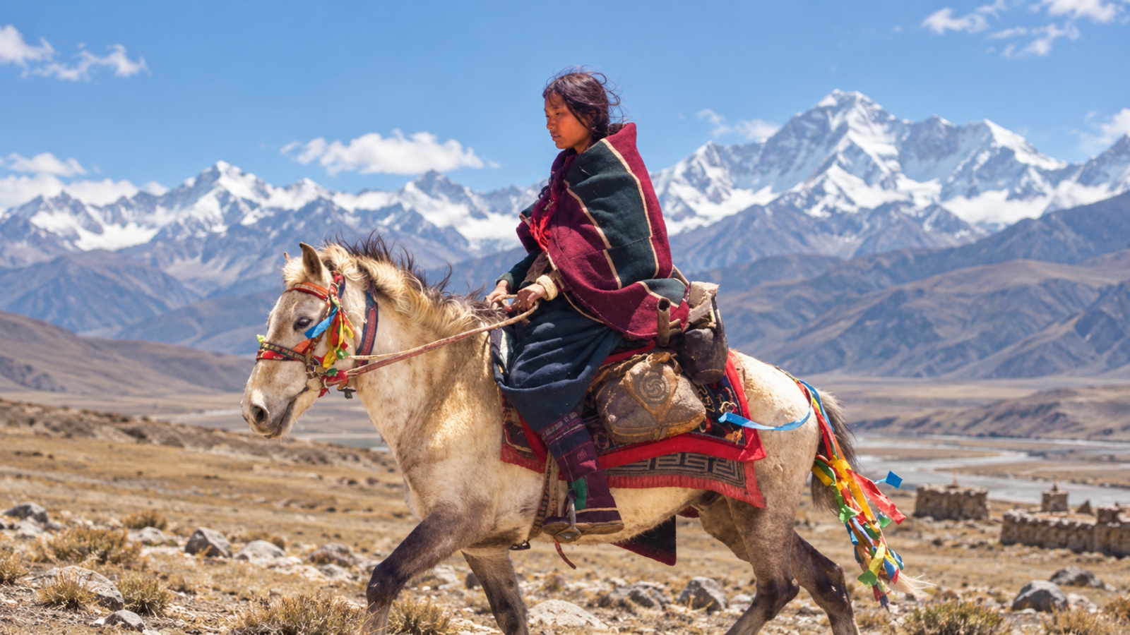 Woman riding a horse across a high Himalayan plateau, featured image for Shambhala