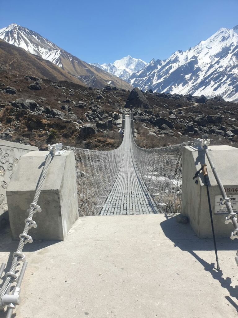 Suspension bridge and trekking landscape in Nepal
