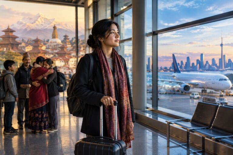 Young Nepali woman with luggage at an airport, between memories of family in Nepal and the city life awaiting her abroad